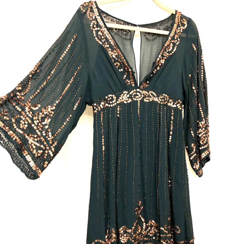 Nanette Lepore, dark teal/bronze adorned dress